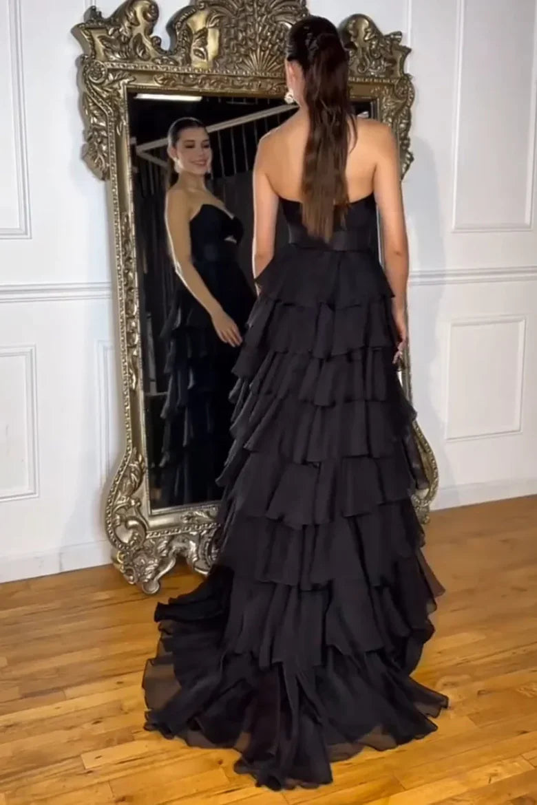 Strapless Black Chiffon Ruffle Prom Dress with Floral Applique and Side Slit