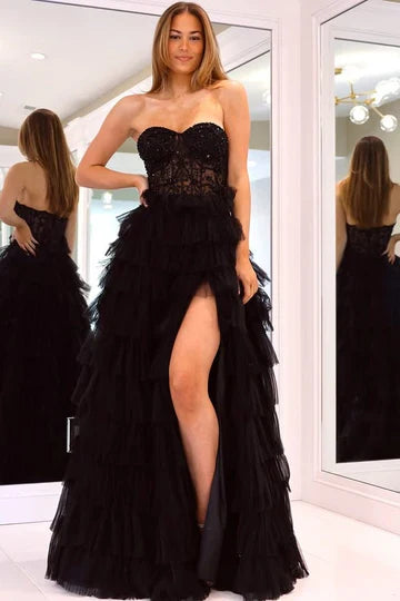 Strapless Black Lace Tiered Tulle Prom Dress with High Slit and Train