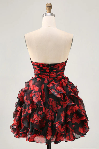 Strapless Black Red Floral A-Line Cut Out Short Homecoming Dress with Ruffles