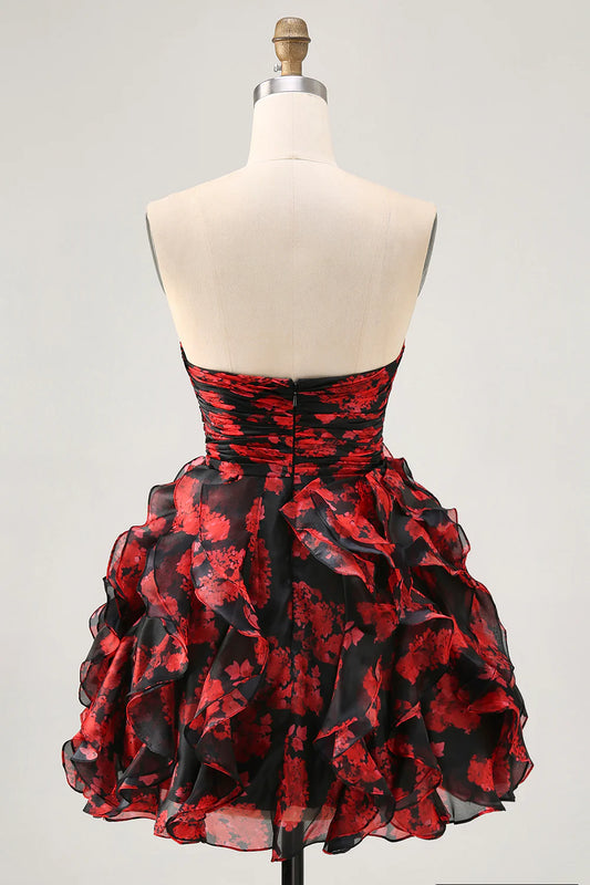 Strapless Black Red Floral A-Line Cut Out Short Homecoming Dress with Ruffles