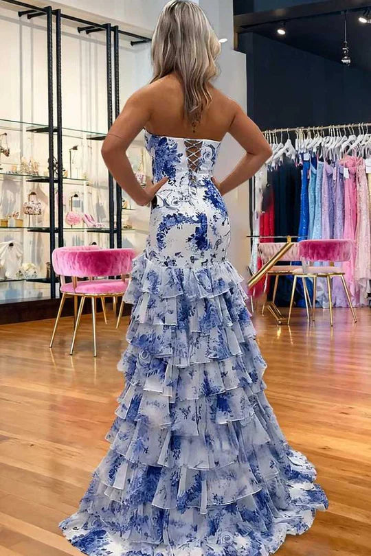Strapless Blue White Floral Mermaid Prom Dress with Tiered Ruffles and Lace-Up Back