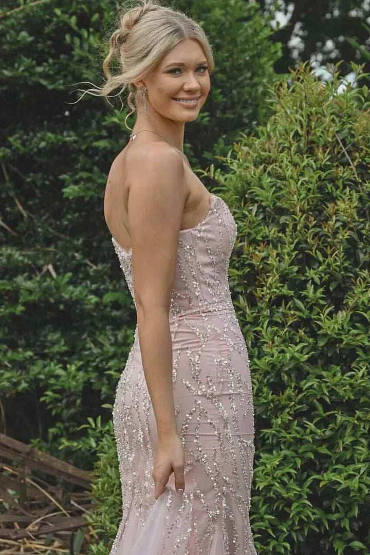 Strapless Blush Pink Beaded Mermaid Prom Dress with Tulle Skirt