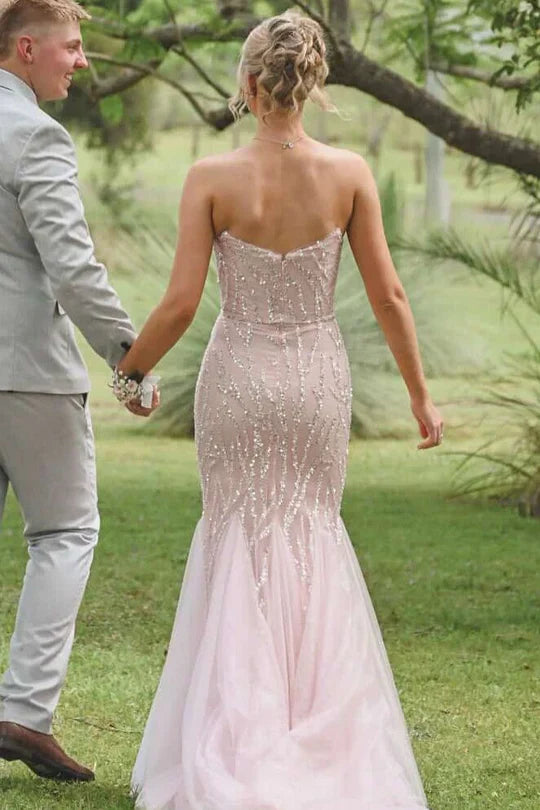 Strapless Blush Pink Beaded Mermaid Prom Dress with Tulle Skirt