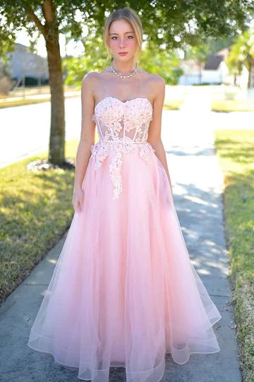 Strapless Blush Pink Tulle Prom Dress with Lace Applique and Sheer Corset Bodice