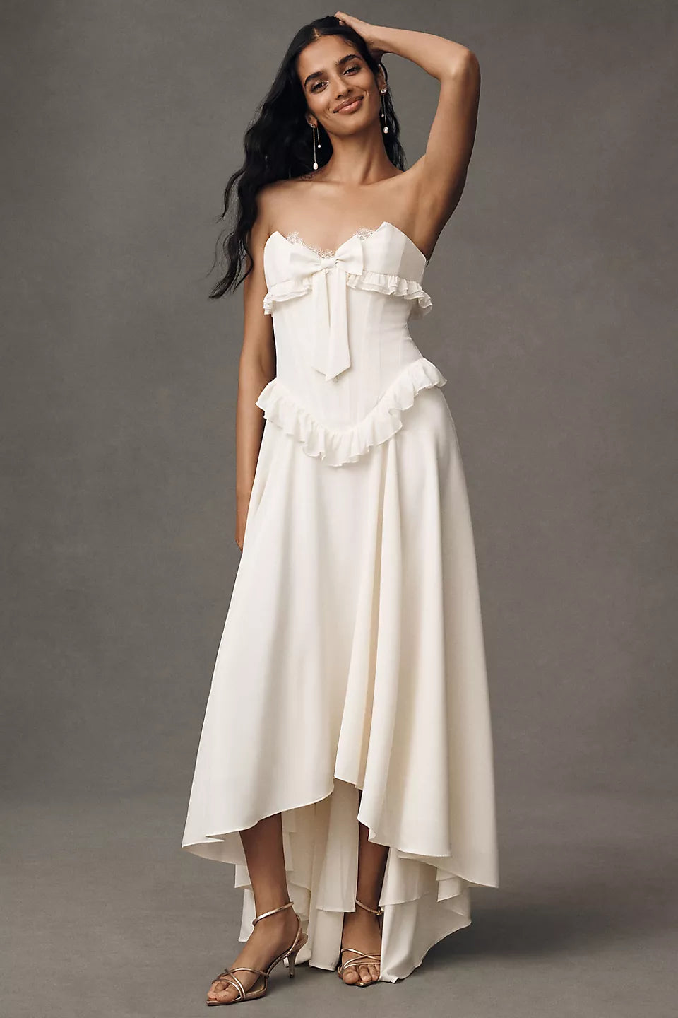 Strapless Bow Ruffle High-Low Maxi Evening Dresses