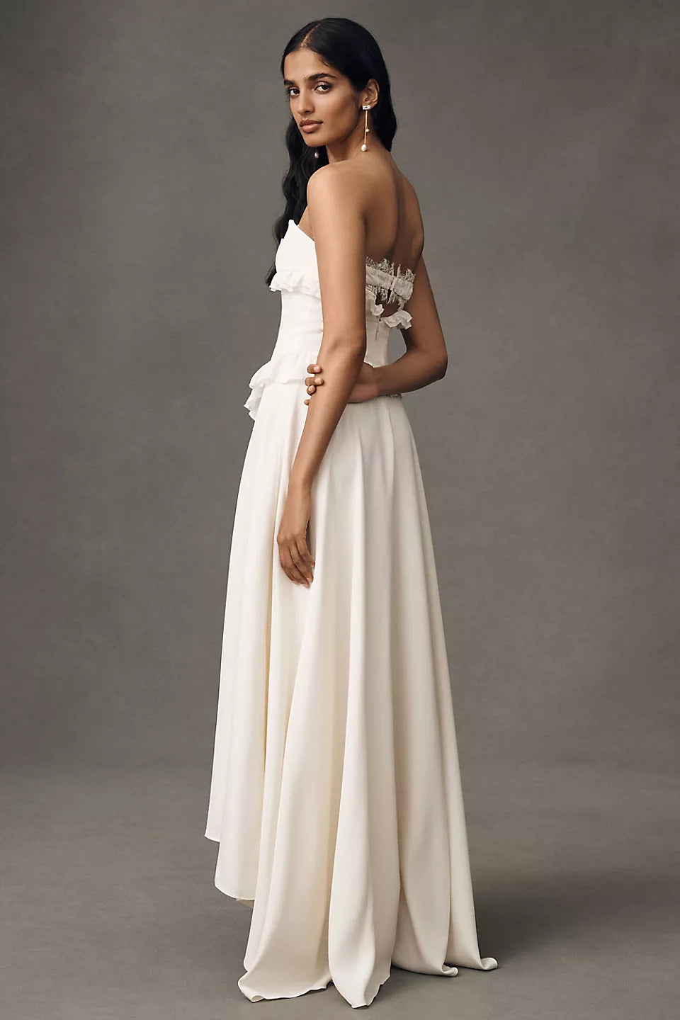 Strapless Bow Ruffle High-Low Maxi Evening Dresses