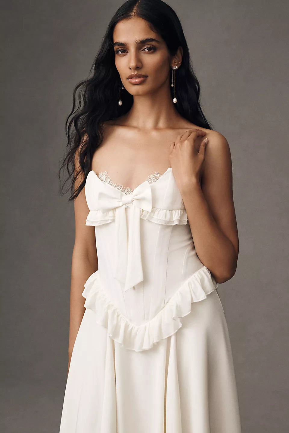 Strapless Bow Ruffle High-Low Maxi Evening Dresses
