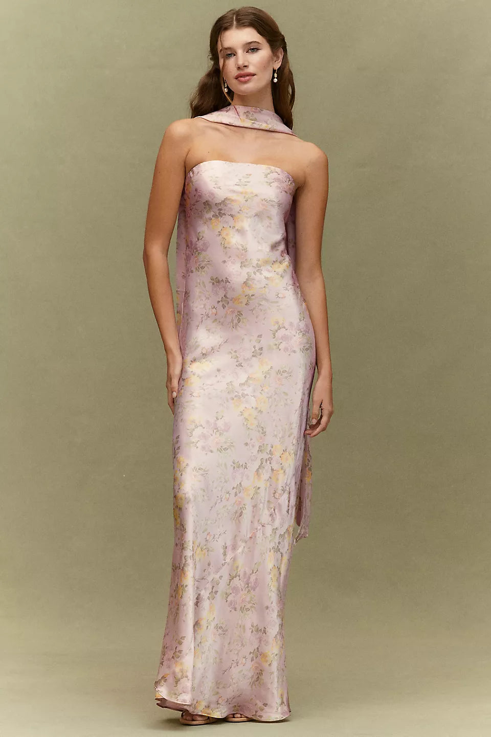 Strapless Floral Print Satin Maxi Evening Dress with Scarf Detail