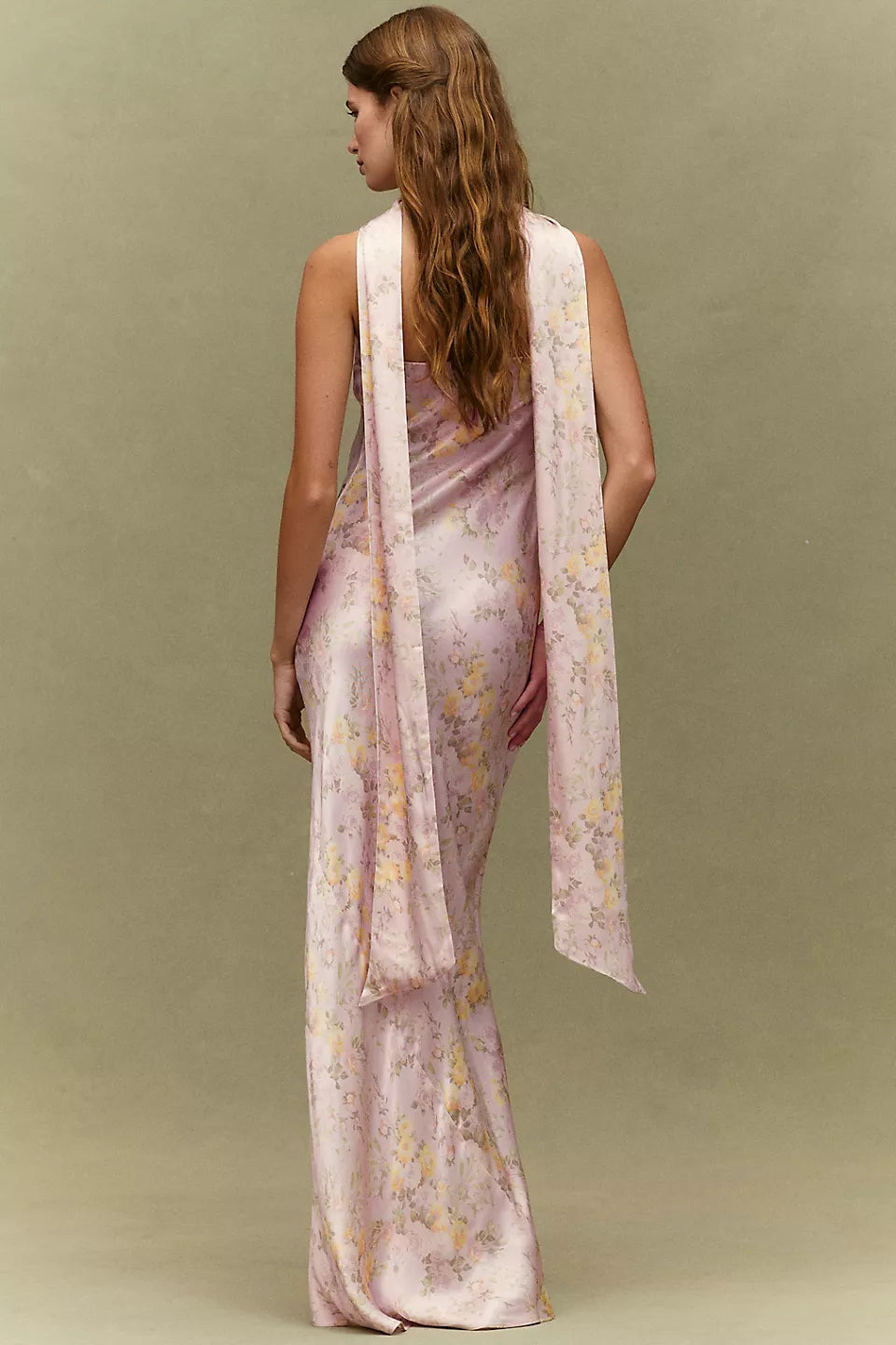 Strapless Floral Print Satin Maxi Evening Dress with Scarf Detail