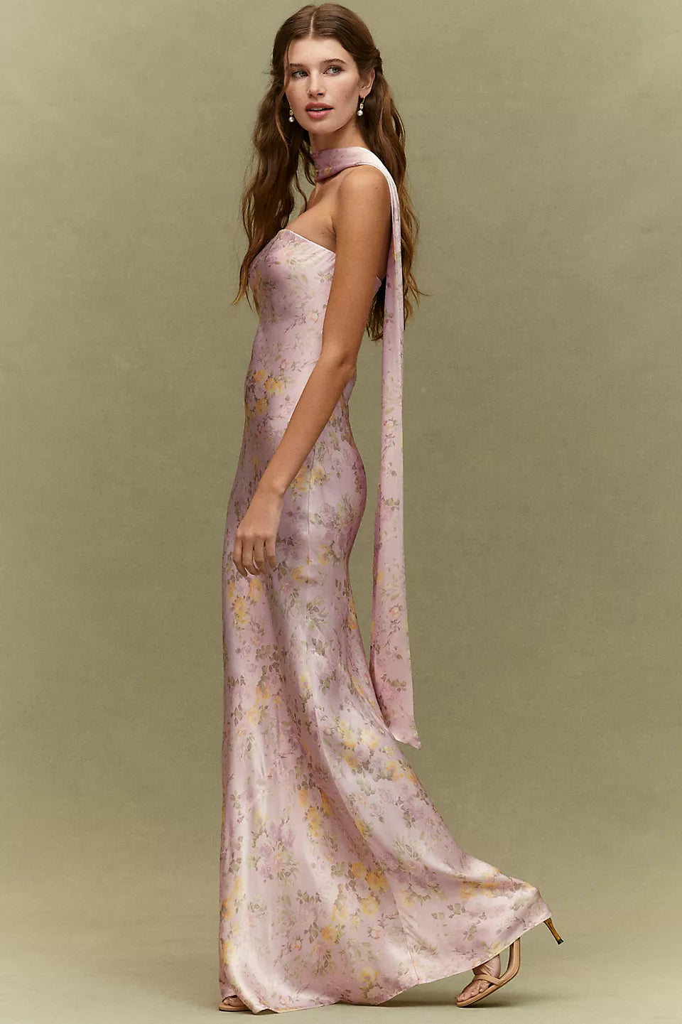Strapless Floral Print Satin Maxi Evening Dress with Scarf Detail