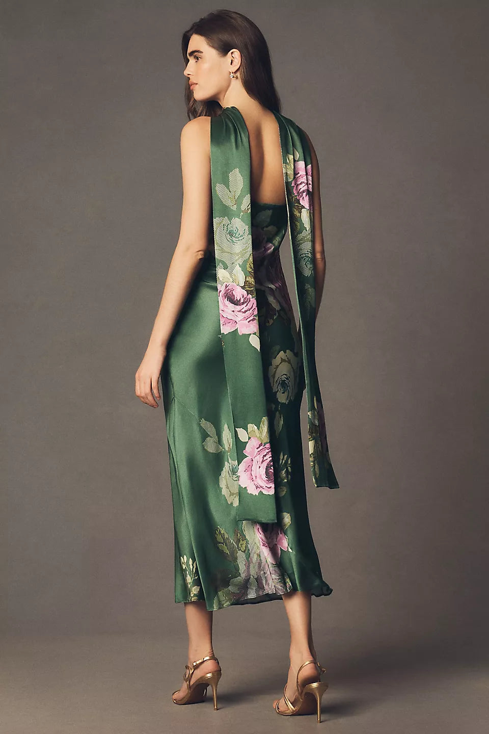 Strapless Floral Print Satin Midi Evening Dress with Halter Tie