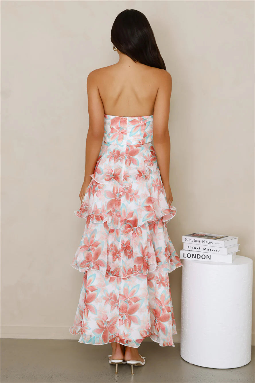 Strapless Floral Print Tiered Ruffle Maxi Evening Dress