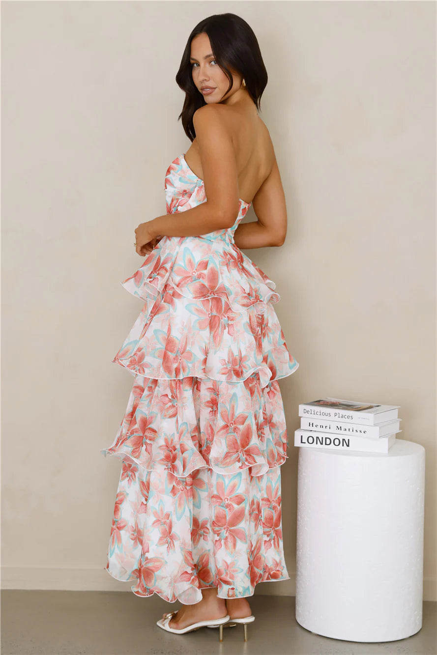 Strapless Floral Print Tiered Ruffle Maxi Evening Dress