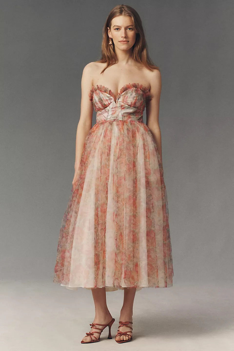 Strapless Floral Print Tulle Midi Evening Dress with Ruffle Trim