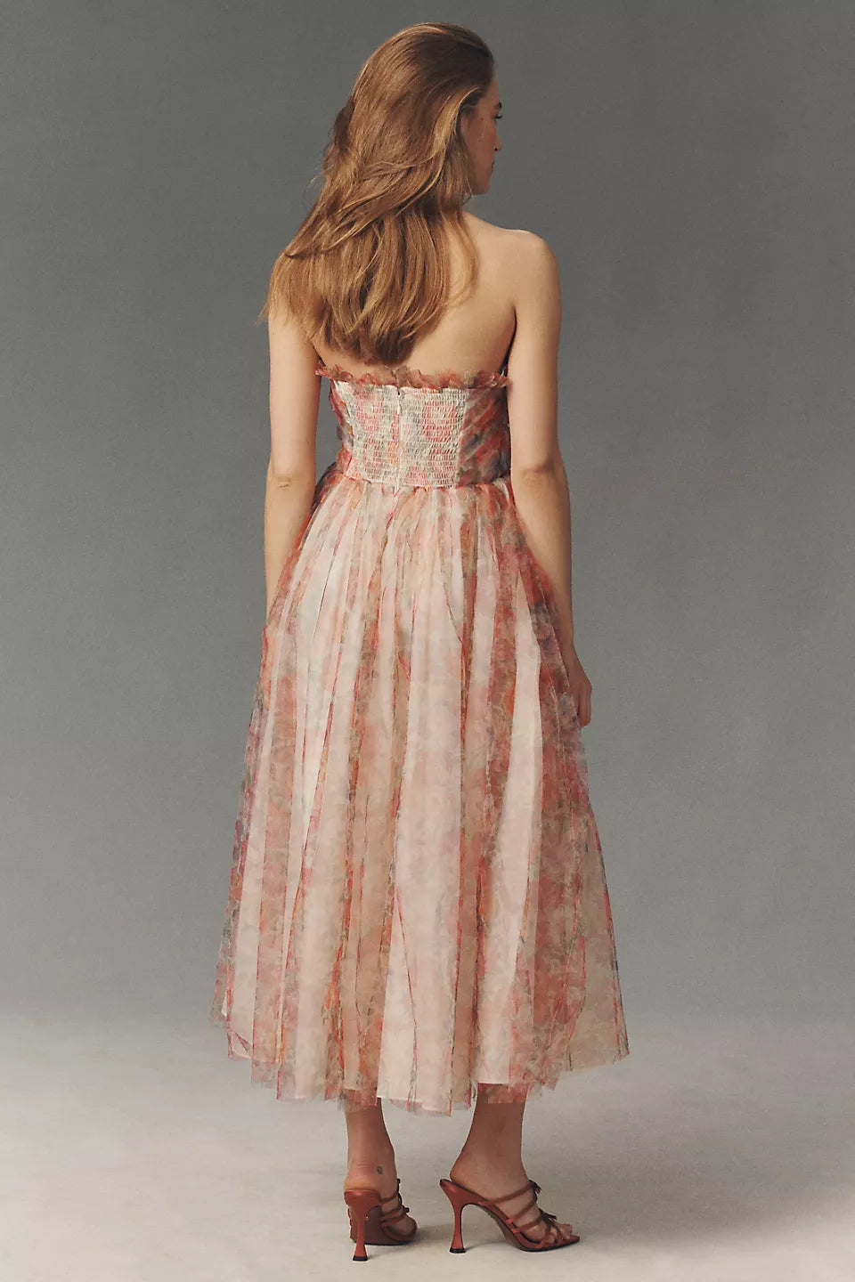 Strapless Floral Print Tulle Midi Evening Dress with Ruffle Trim