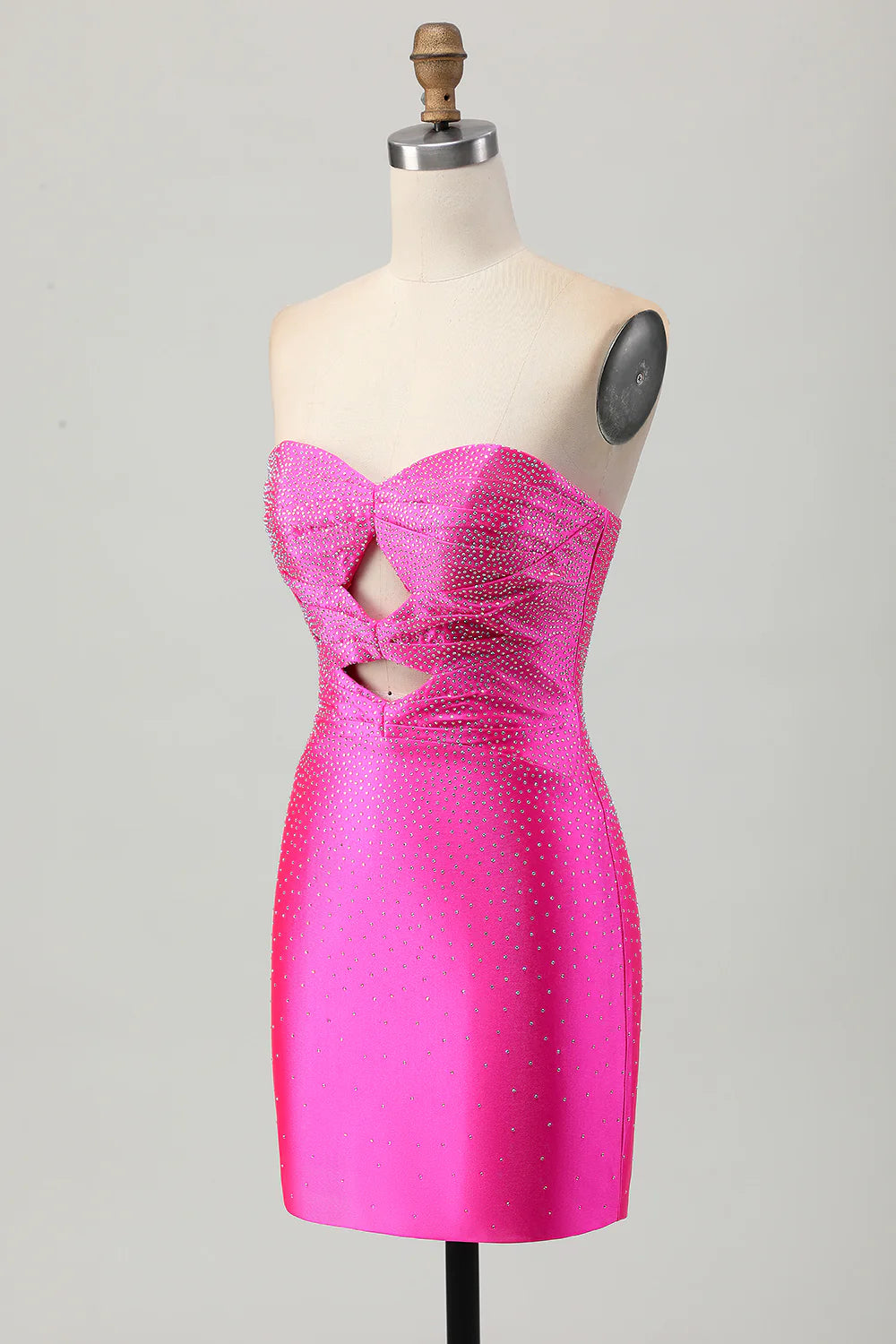 Strapless Fuchsia Tight Satin Cut Out Short Homecoming Dress with Beading