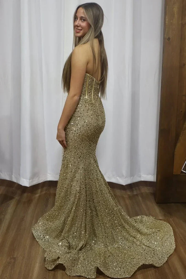 Strapless Gold Sequin Corset Mermaid Prom Dress with Boned Bodice