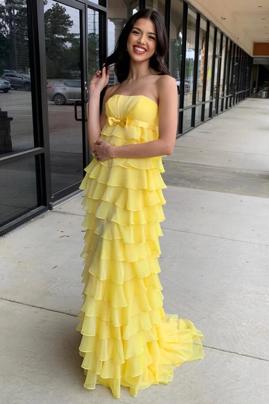 Strapless High-Waist Ruffle Tiered Long Prom Dress with Bow
