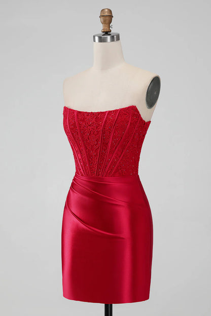 Strapless Lace Ruched Bodycon Short Homecoming Dress