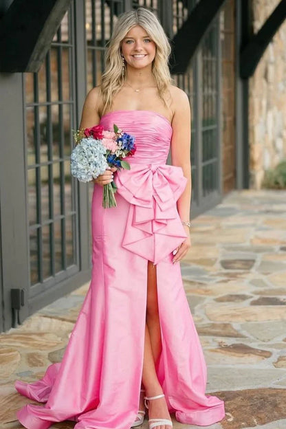 Strapless Mermaid Big Bow Satin Pleated Formal Prom Dress with Slit