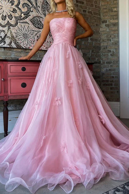 Strapless Pink A-Line Tulle 3D Floral Pleated Long Formal Prom Dress