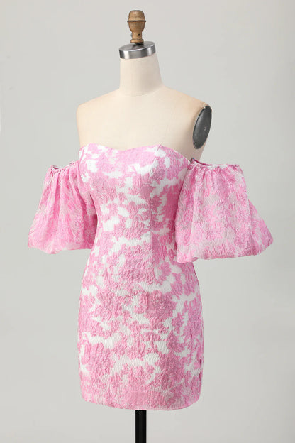 Strapless Printed Pink Tight Removable Sleeves Homecoming Dress with Lace Up Back