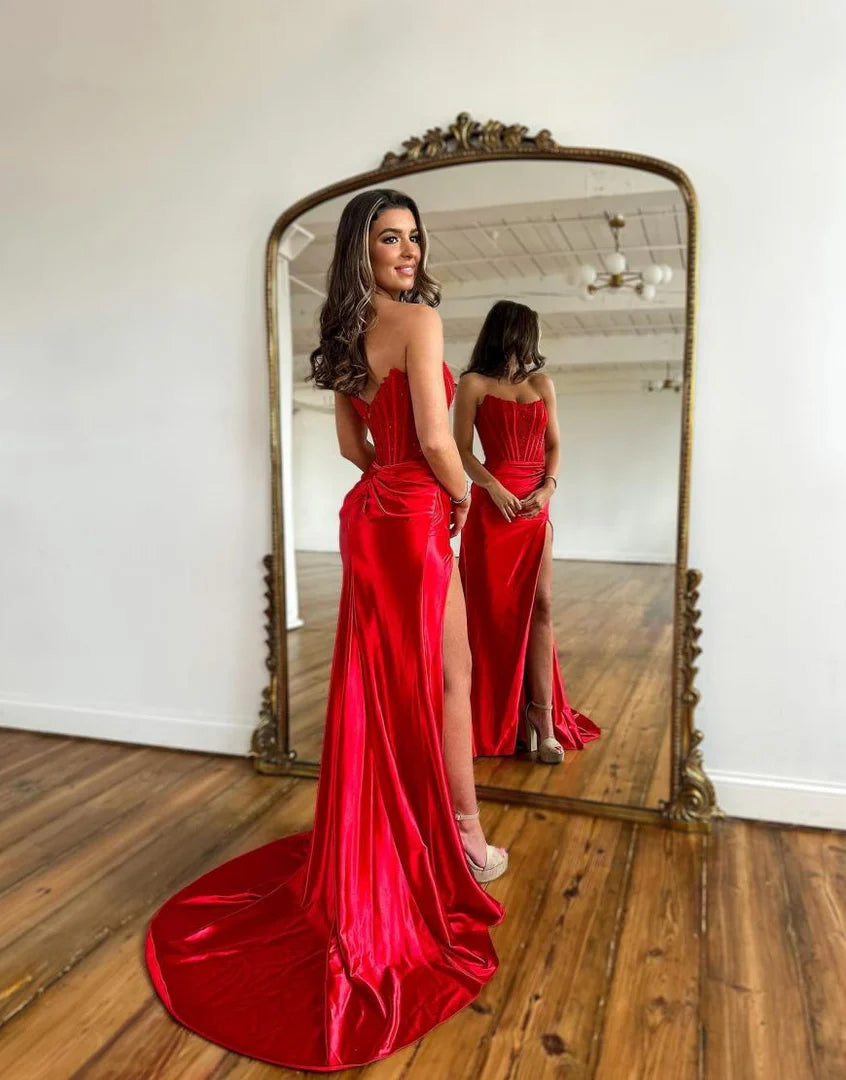 Strapless Corset Bodice Prom Dress with High Slit