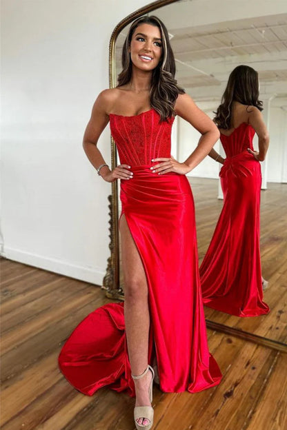 Strapless fishbone strapless side slit ball gown with tail
