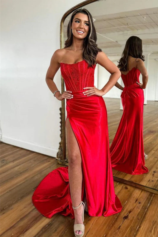 Strapless fishbone strapless side slit ball gown with tail