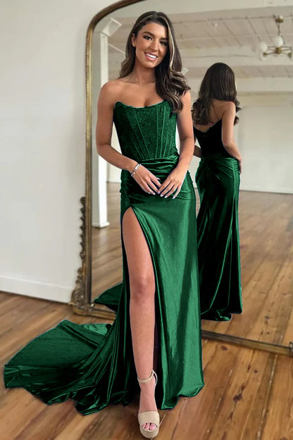 Strapless fishbone strapless side slit ball gown with tail