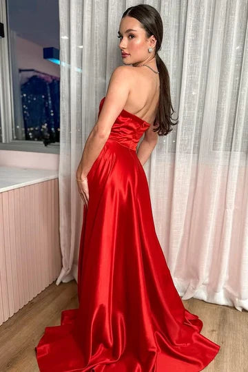 Strapless Red Satin A-Line Prom Dress with Open Back and Trailing Train