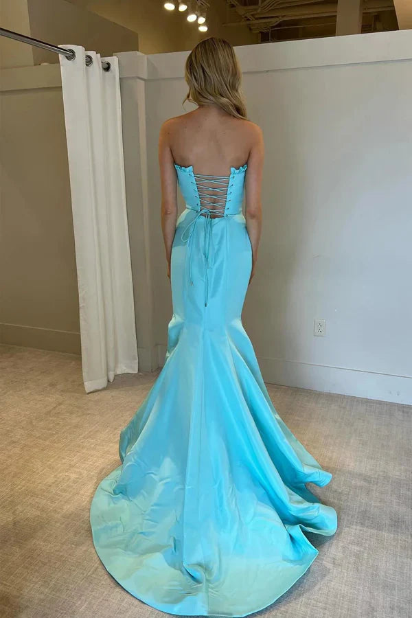 Strapless Ruffle Trim Lace-Up Back Mermaid Slit Satin Prom Dresses (Turquoise)