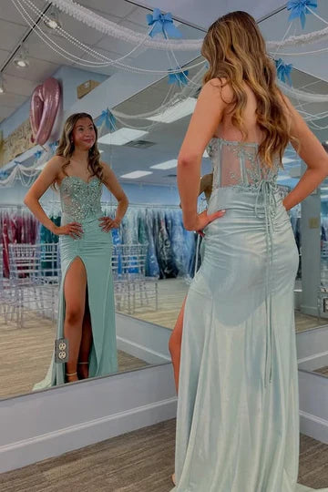 Strapless Sage Sequin Mermaid Prom Dress with Sheer Corset Bodice and Side Slit