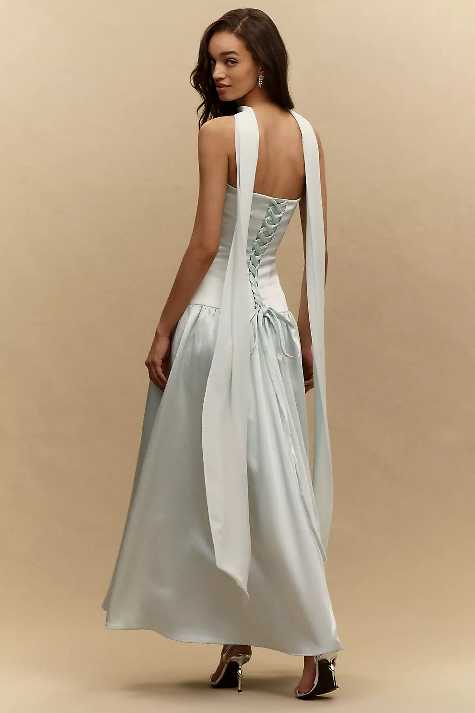 Strapless Satin Corset Midi Evening Dress with Scarf Detail