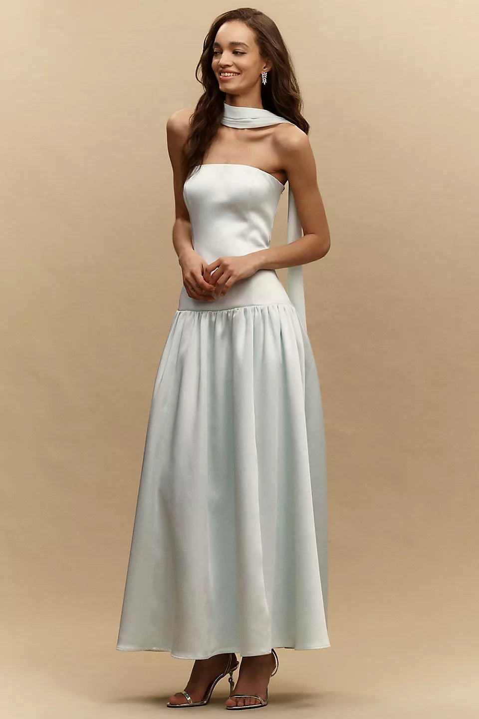 Strapless Satin Corset Midi Evening Dress with Scarf Detail