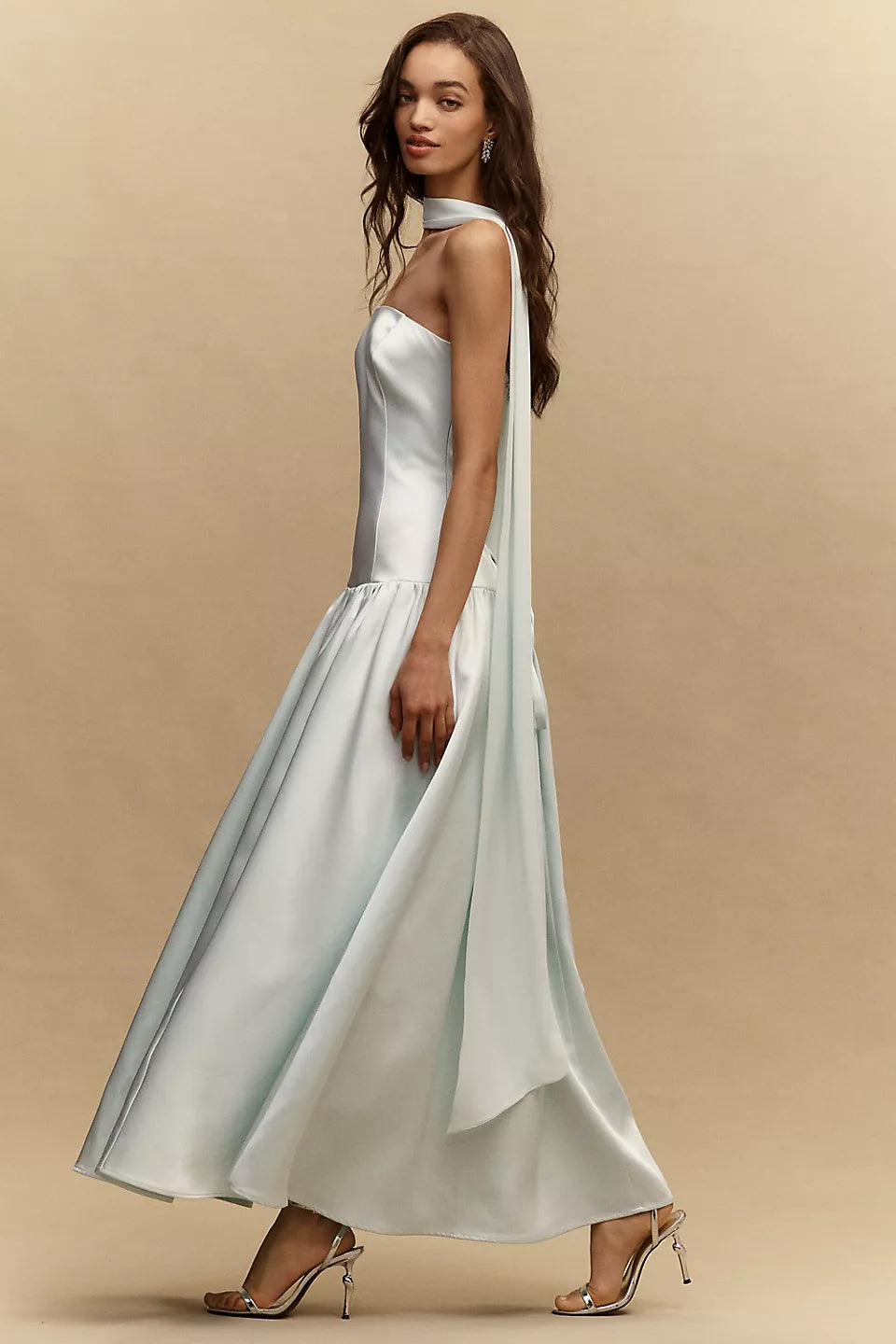 Strapless Satin Corset Midi Evening Dress with Scarf Detail