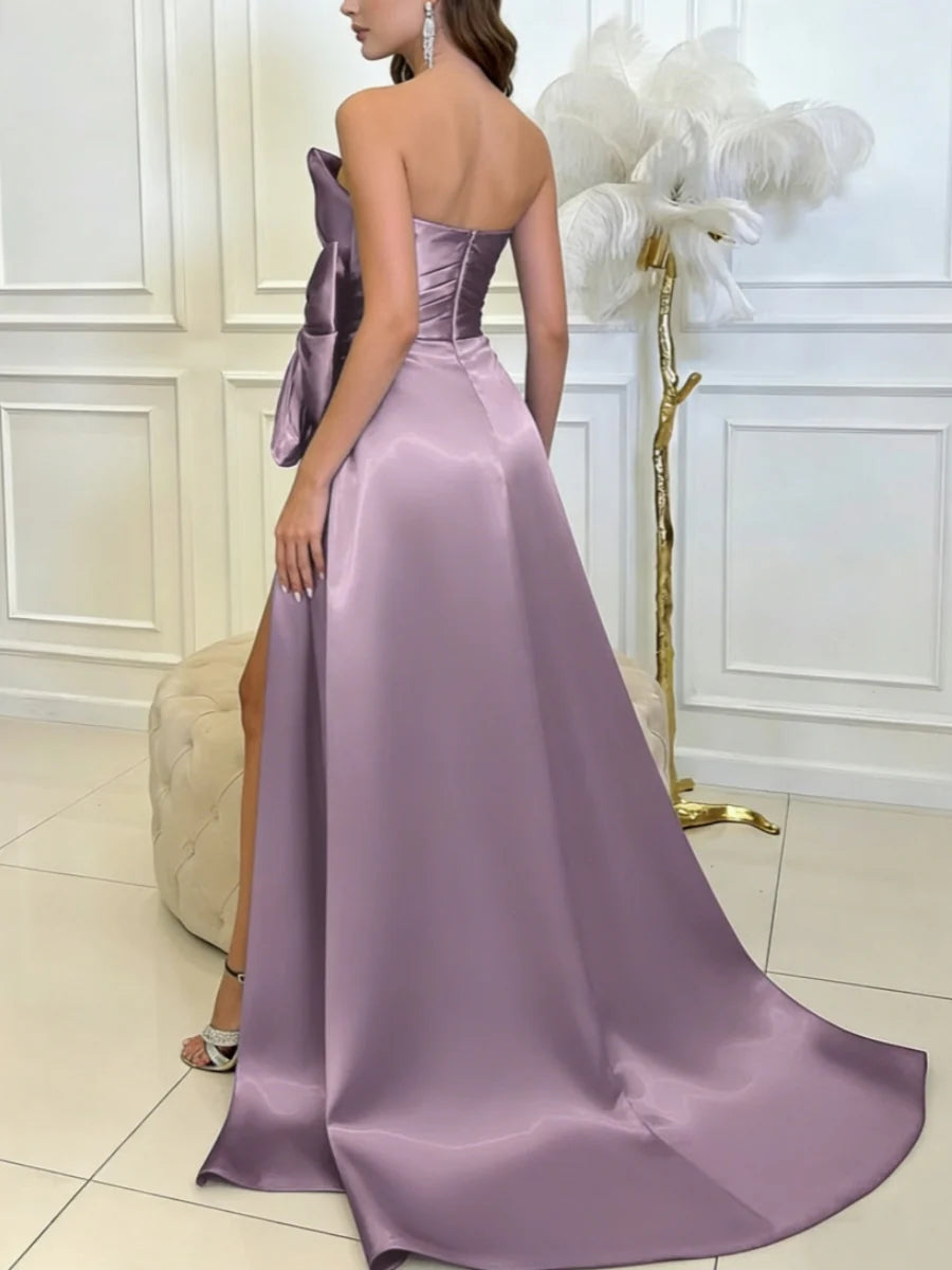 Strapless Satin Evening Dress with Oversized Side Bow, High Thigh Slit & Cathedral Train