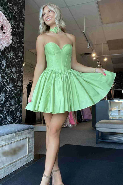 Strapless Satin Homecoming Dress with Flower