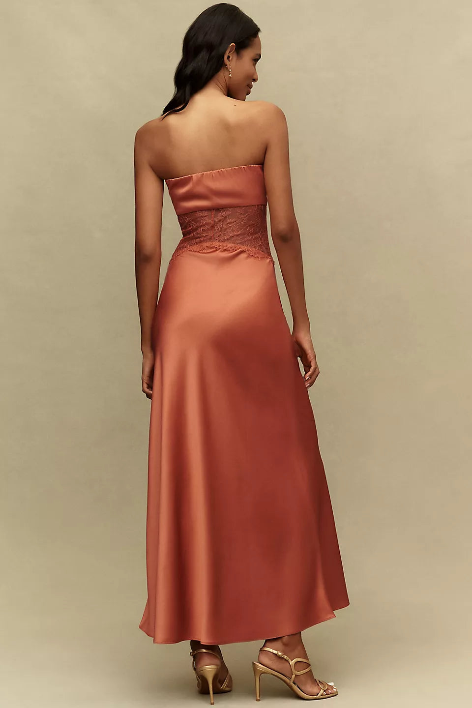 Strapless Satin Lace Waist Midi Evening Dress