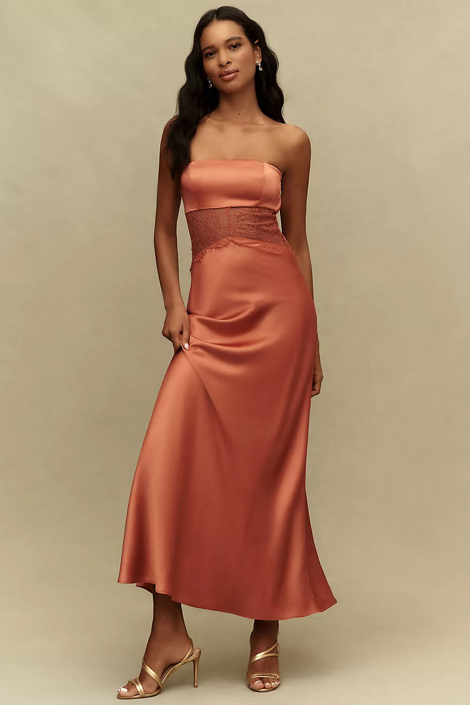 Strapless Satin Lace Waist Midi Evening Dress
