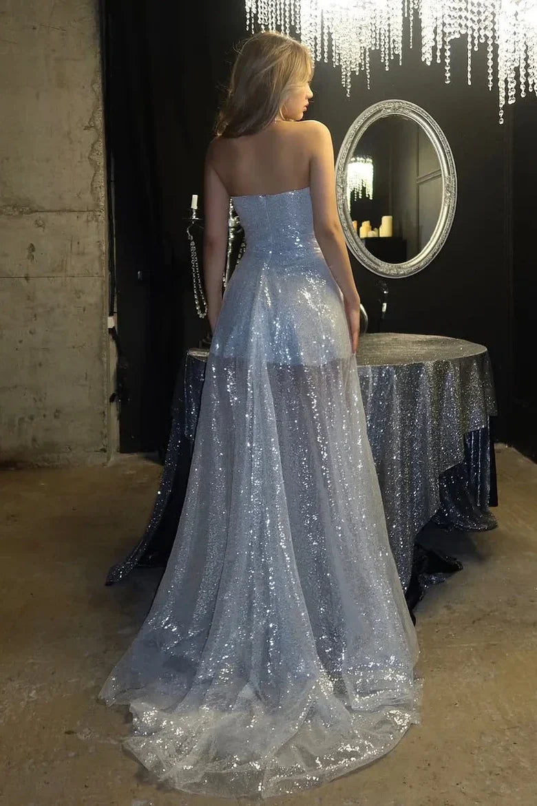 Strapless Silver Sequin Prom Dress with Sheer Overlay and High Slit Train