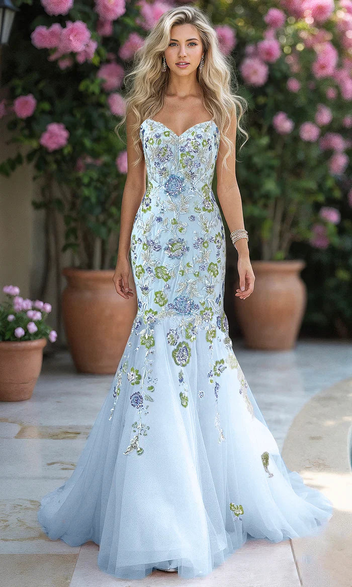 Strapless Sweetheart 3D Floral Appliqu¨¦ Lace Embroidery Sky Blue Tulle Mermaid Chapel Train Prom Dresses