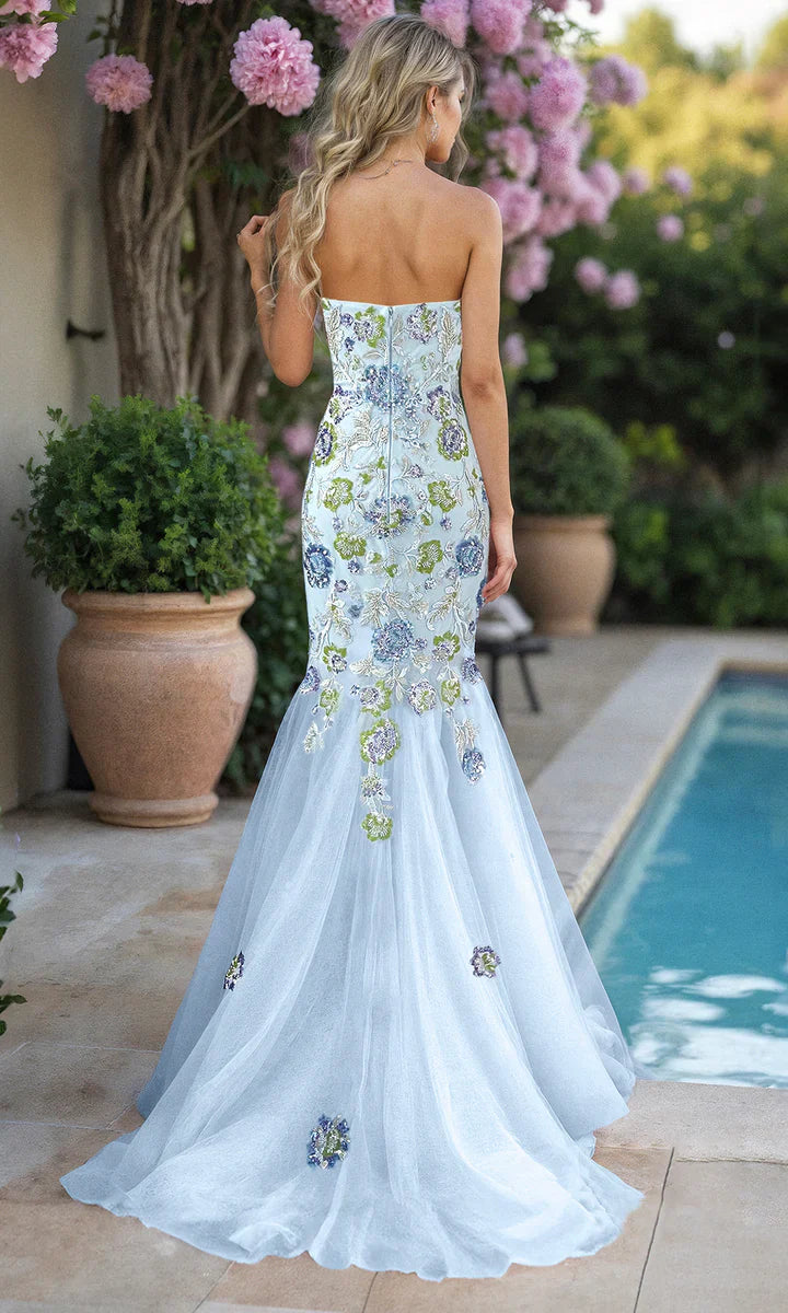Strapless Sweetheart 3D Floral Appliqu¨¦ Lace Embroidery Sky Blue Tulle Mermaid Chapel Train Prom Dresses
