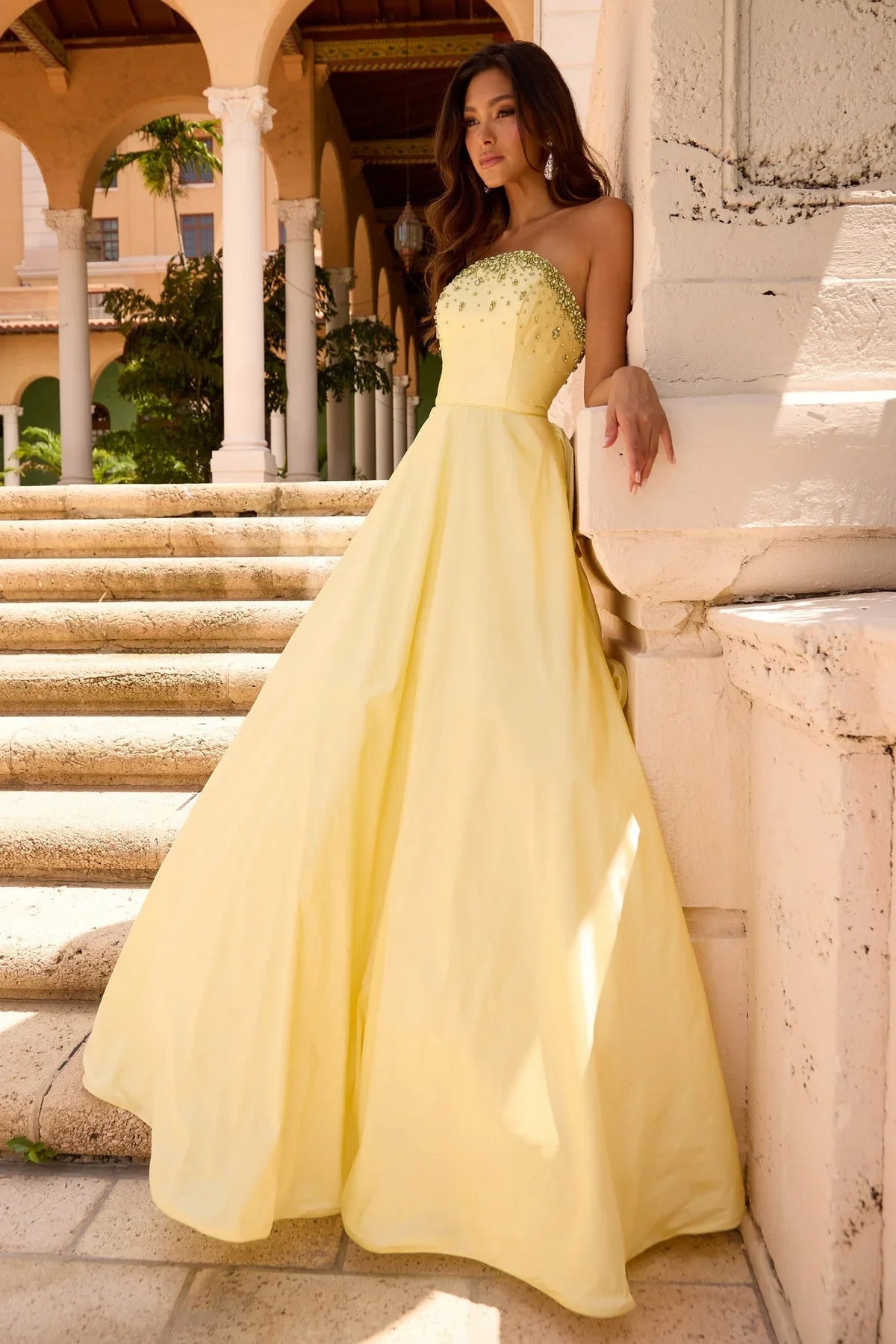 Strapless Sweetheart Crystal Embellished Tiered Lemon Yellow Taffeta A Line Chapel Train Prom Dresses