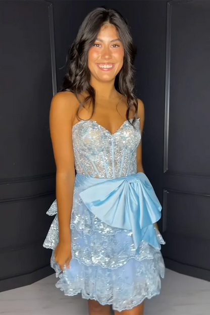 Strapless Sweetheart Tiered A-Line Sequins Appliques Homecoming Dress with Bow