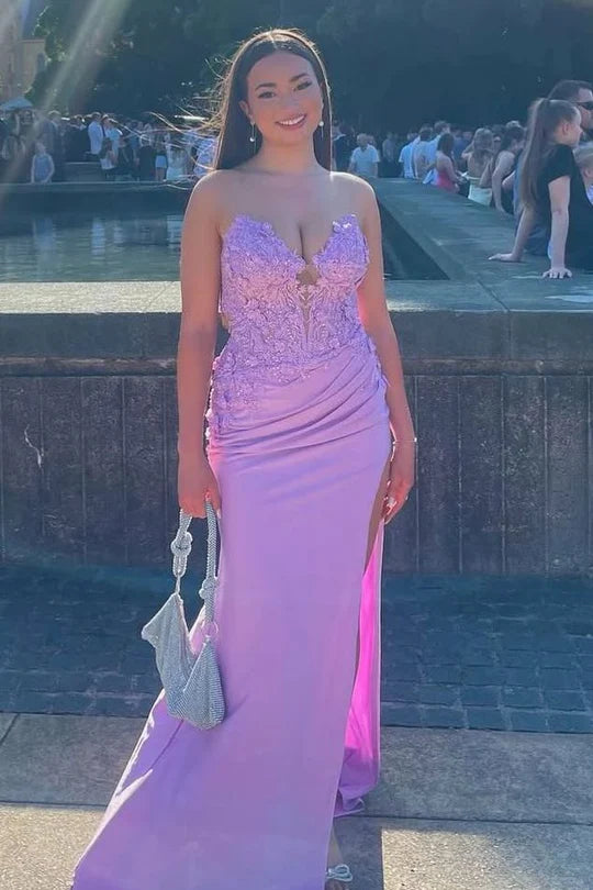 Strapless V-Neck Appliques Pleated Side Slit Mermaid Long Prom Dress