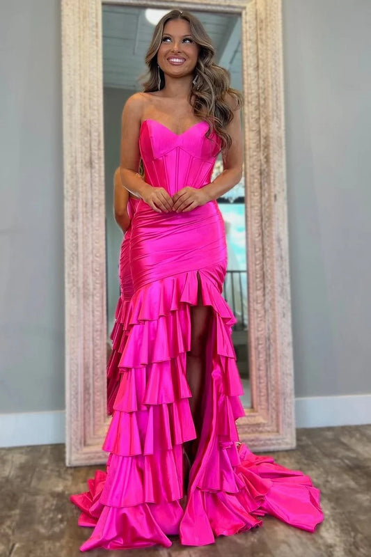 Strapless V-Neck Pleated Satin Layered Long Prom Dress with Slit