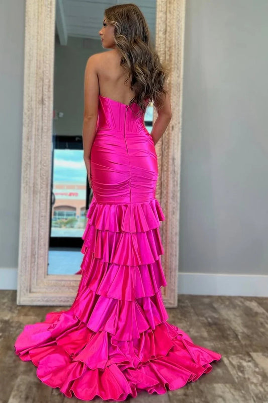 Strapless V-Neck Pleated Satin Layered Long Prom Dress with Slit