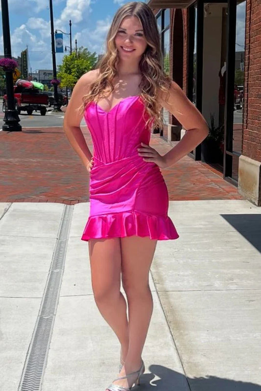 Strapless V-Neck Pleats Satin Ruffles Mini Homecoming Dress
