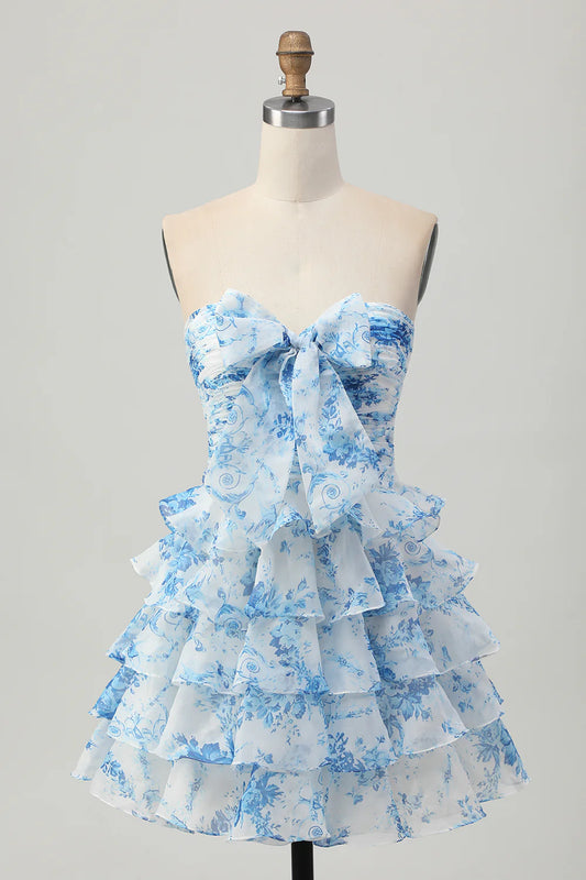 Strapless White Blue Flower A-line Tiered Short Homecoming Dress with Bow